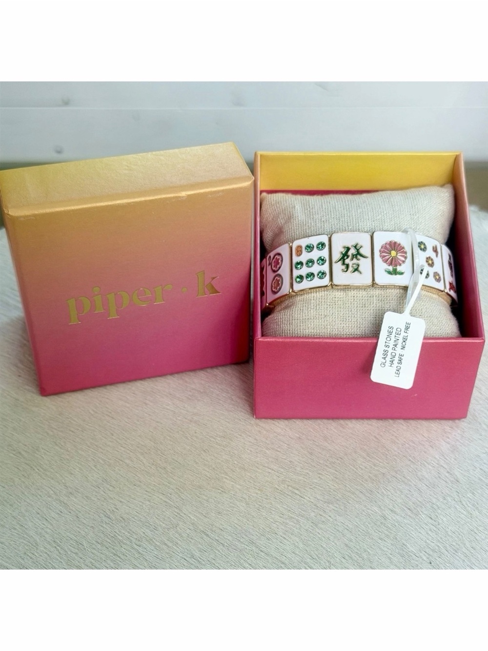 Piper K Mahjong Bangle Bracelet Gold Tone Hand Painted Game Tile Nickel Free NIB